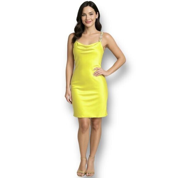 Jump Apparel M Yellow Satin Bodycon Mini Dress Cowl Neck Party Cocktail Sexy - Picture 1 of 11